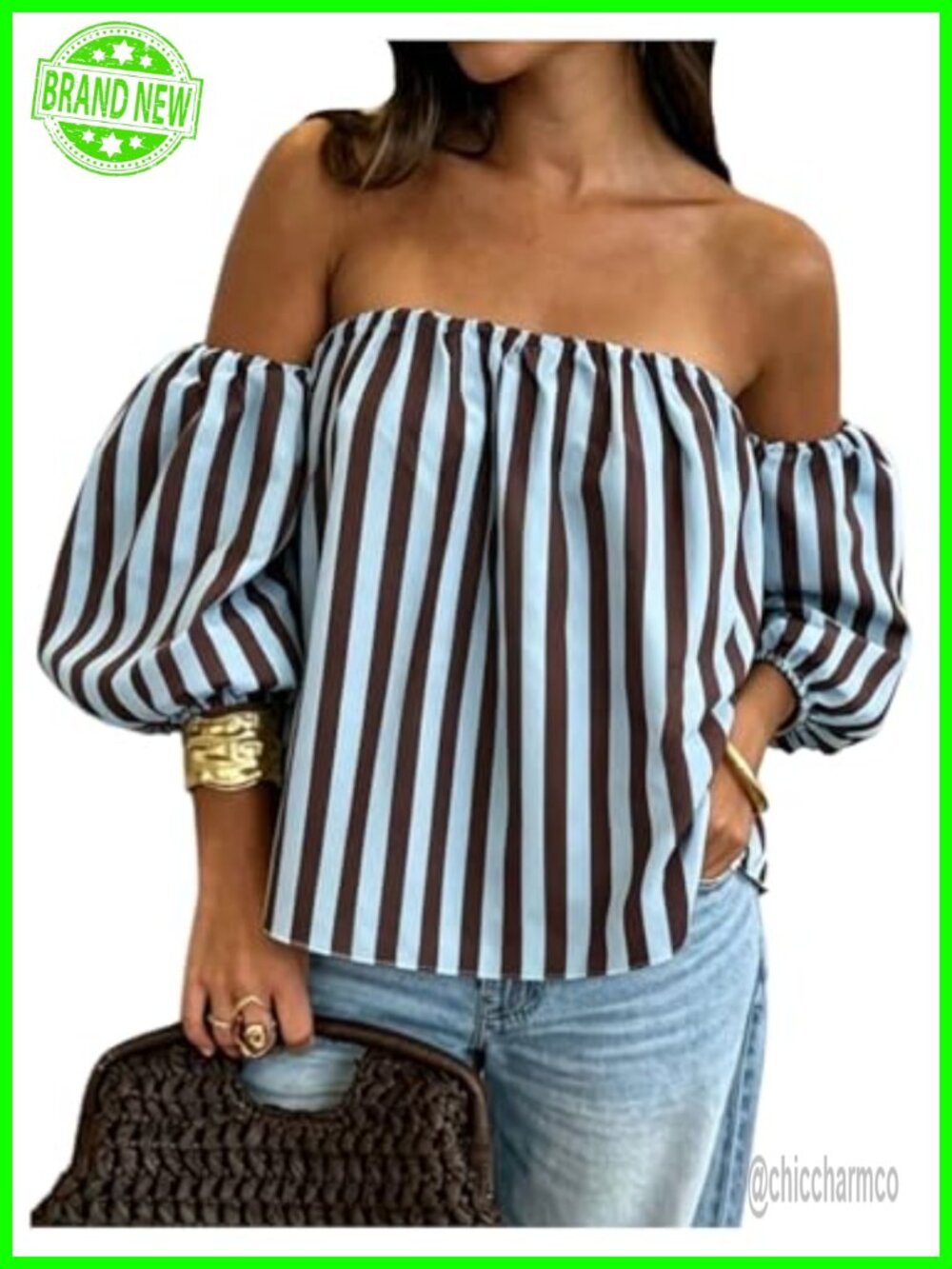 Polka Dots Off Shoulder Blouse with Puff Sleeves and Elastic Neckline